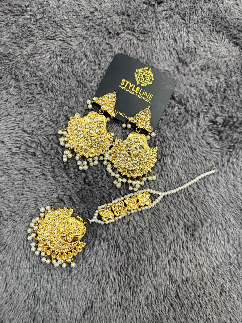 Gold-Tone Pearl Jhumka Earrings with Matching Maang Tikka